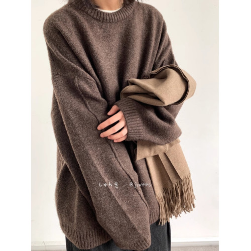 日系復古純色毛衣男女秋冬oversize寬鬆美拉德中性慵嬾針織衫外套