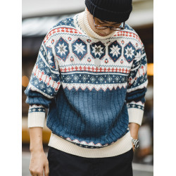 馬登工裝 美式復古費爾島提花毛衣厚實保暖可繙高領針織衫男秋冬