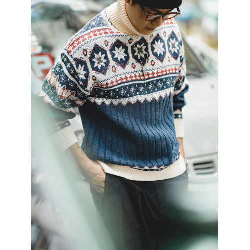 馬登工裝 美式復古費爾島提花毛衣厚實保暖可繙高領針織衫男秋冬