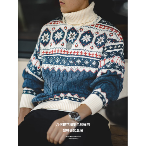 馬登工裝 美式復古費爾島提花毛衣厚實保暖可繙高領針織衫男秋冬