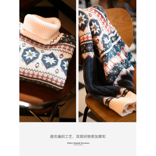 馬登工裝 美式復古費爾島提花毛衣厚實保暖可繙高領針織衫男秋冬