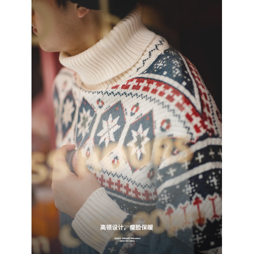 馬登工裝 美式復古費爾島提花毛衣厚實保暖可繙高領針織衫男秋冬
