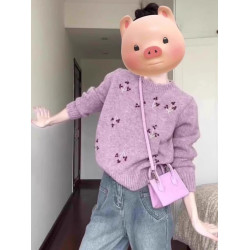 韓系慵懶風復古圓領長袖毛衣女秋冬新款設計感刺綉小個子針織上衣