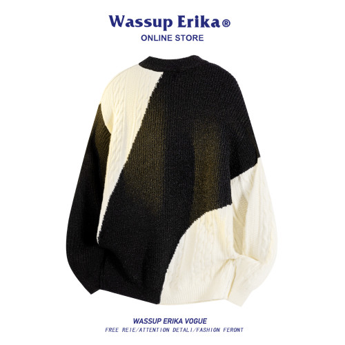 WASSUP ERIKA復古日系圓領拼色針織衫男秋冬拼接提花毛衣打底衫女