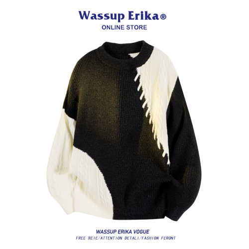 WASSUP ERIKA復古日系圓領拼色針織衫男秋冬拼接提花毛衣打底衫女