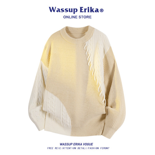 WASSUP ERIKA復古日系圓領拼色針織衫男秋冬拼接提花毛衣打底衫女