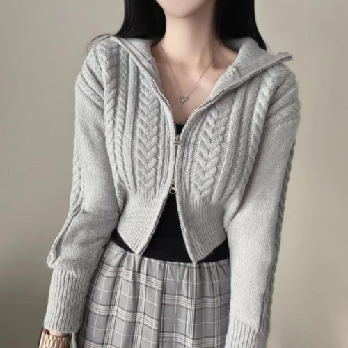 韓國chic秋冬復古麻花紋氣質雙拉鍊翻領短款毛衣外套女針織開衫潮