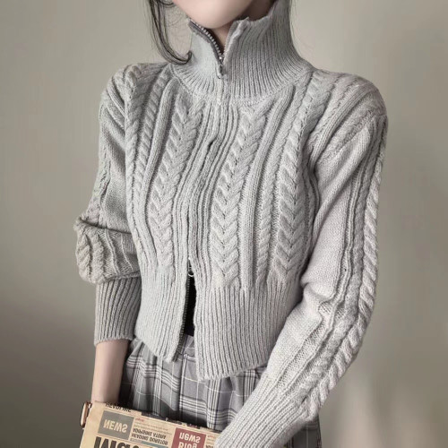 韓國chic秋冬復古麻花紋氣質雙拉鍊翻領短款毛衣外套女針織開衫潮