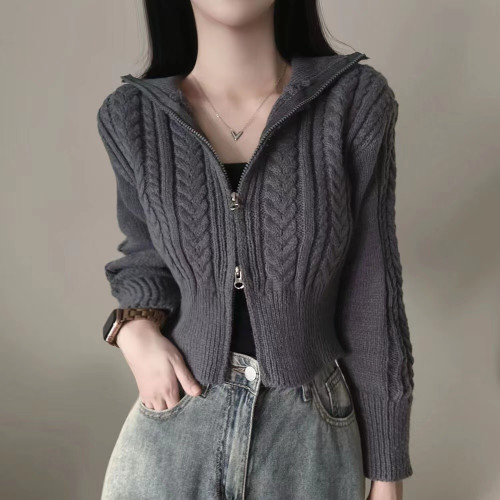 韓國chic秋冬復古麻花紋氣質雙拉鍊翻領短款毛衣外套女針織開衫潮