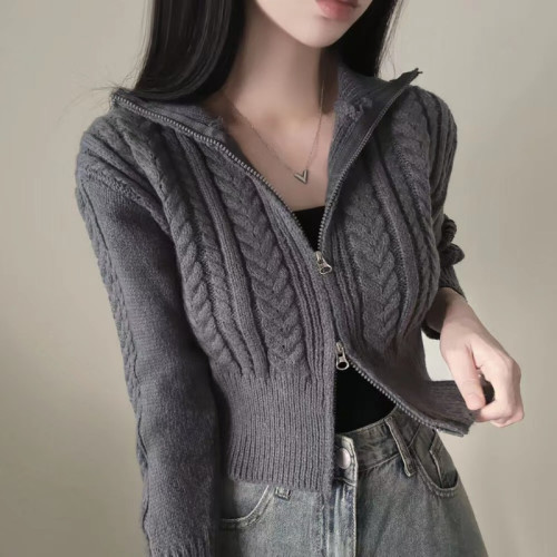 韓國chic秋冬復古麻花紋氣質雙拉鍊翻領短款毛衣外套女針織開衫潮