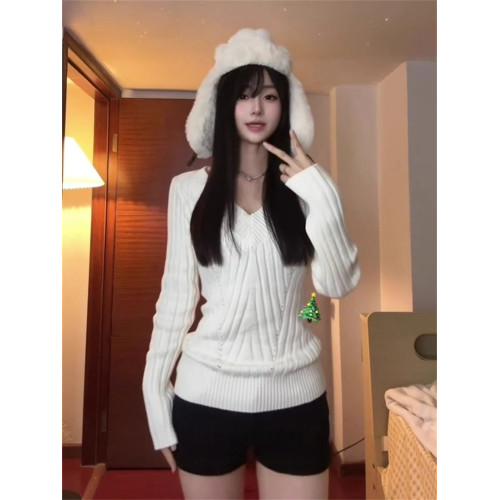 白色V領長袖針織衫女裝秋冬季毛衣設計感修身收腰內搭打底衫上衣 白色V領長袖針織衫女裝秋冬季毛衣設計感修身收腰內搭打底衫上衣