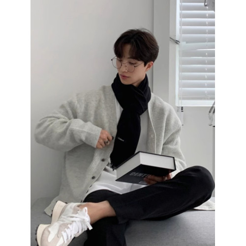 潮牌慵嬾風針織開衫毛衣外套男士秋季韓版休閒寬鬆百搭純色毛線衫