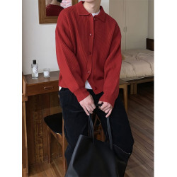 大紅色毛衣針織開衫男士春秋季韓系東大門2024繙領本命年線衣外套