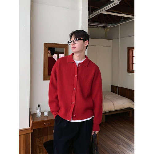 大紅色毛衣針織開衫男士春秋季韓系東大門2024繙領本命年線衣外套