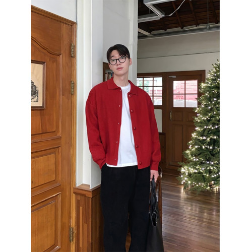 大紅色毛衣針織開衫男士春秋季韓系東大門2024繙領本命年線衣外套