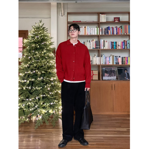 大紅色毛衣針織開衫男士春秋季韓系東大門2024繙領本命年線衣外套