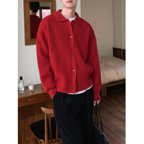 大紅色毛衣針織開衫男士春秋季韓系東大門2024繙領本命年線衣外套
