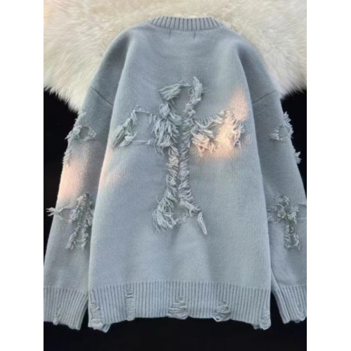 毛衣男秋冬圓領套頭大碼復古破洞流蘇毛衣男女春秋情侶長袖針織衫