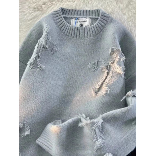 毛衣男秋冬圓領套頭大碼復古破洞流蘇毛衣男女春秋情侶長袖針織衫