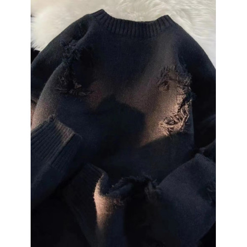 毛衣男秋冬圓領套頭大碼復古破洞流蘇毛衣男女春秋情侶長袖針織衫