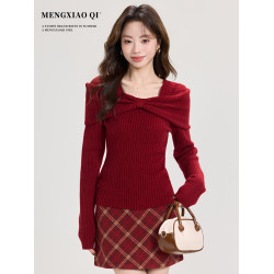矇小柒聖誕穿搭紅色毛衣女裝秋冬高級感一字肩打底針織衫內搭上衣