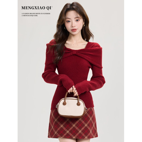 矇小柒聖誕穿搭紅色毛衣女裝秋冬高級感一字肩打底針織衫內搭上衣 矇小柒聖誕穿搭紅色毛衣女裝秋冬高級感一字肩打底針織衫內搭上衣