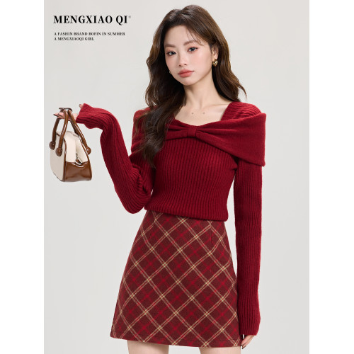 矇小柒聖誕穿搭紅色毛衣女裝秋冬高級感一字肩打底針織衫內搭上衣 矇小柒聖誕穿搭紅色毛衣女裝秋冬高級感一字肩打底針織衫內搭上衣