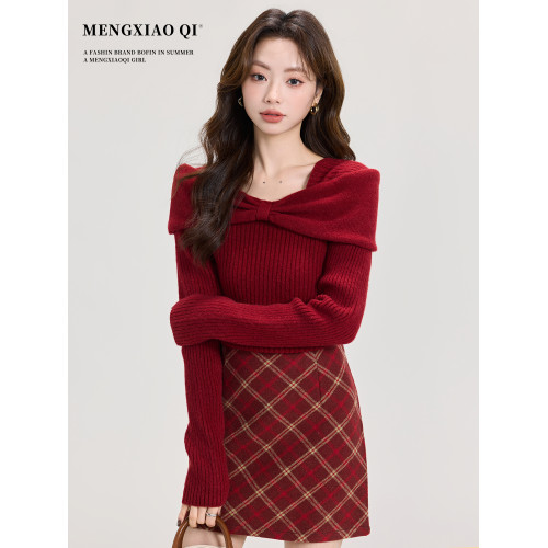 矇小柒聖誕穿搭紅色毛衣女裝秋冬高級感一字肩打底針織衫內搭上衣 矇小柒聖誕穿搭紅色毛衣女裝秋冬高級感一字肩打底針織衫內搭上衣