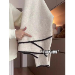 小衆設計感不規則撞色休閒圓領毛衣女秋冬慵懶百搭軟糯寬松針織衫