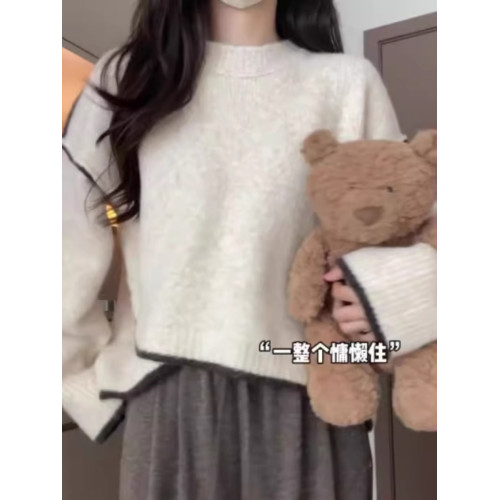 小衆設計感不規則撞色休閒圓領毛衣女秋冬慵懶百搭軟糯寬松針織衫 小衆設計感不規則撞色休閒圓領毛衣女秋冬慵懶百搭軟糯寬松針織衫