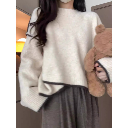 小衆設計感不規則撞色休閒圓領毛衣女秋冬慵懶百搭軟糯寬松針織衫 小衆設計感不規則撞色休閒圓領毛衣女秋冬慵懶百搭軟糯寬松針織衫