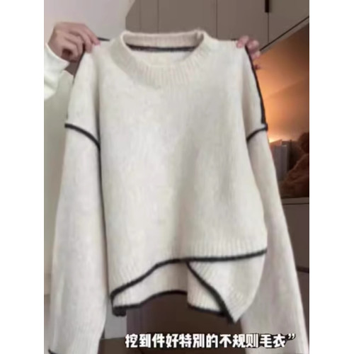 小衆設計感不規則撞色休閒圓領毛衣女秋冬慵懶百搭軟糯寬松針織衫 小衆設計感不規則撞色休閒圓領毛衣女秋冬慵懶百搭軟糯寬松針織衫