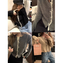 韓系灰色短款圓領花邊拼接毛衣2025秋設計感寬松針織開衫短毛衣女