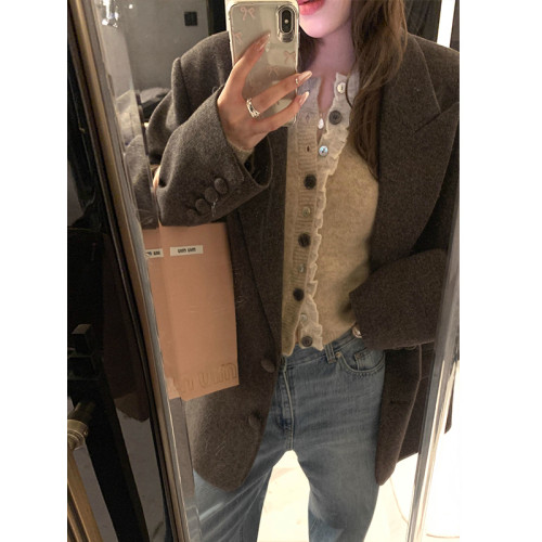 韓系灰色短款圓領花邊拼接毛衣2025秋設計感寬松針織開衫短毛衣女 韓系灰色短款圓領花邊拼接毛衣2025秋設計感寬松針織開衫短毛衣女