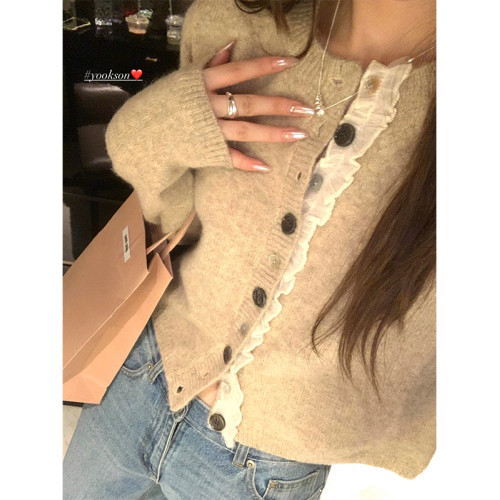 韓系灰色短款圓領花邊拼接毛衣2025秋設計感寬松針織開衫短毛衣女 韓系灰色短款圓領花邊拼接毛衣2025秋設計感寬松針織開衫短毛衣女