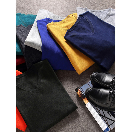 100純絨衫男V領秋季高克重重磅針織毛衫男純色打底加厚內搭毛衣