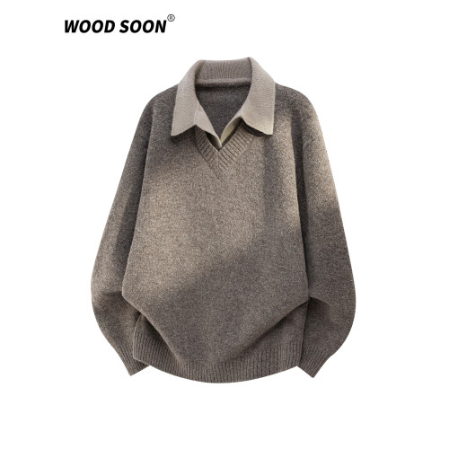 WOODSOON假兩件翻領毛衣針織衫秋冬新款潮流百搭寬松休閒男士上衣