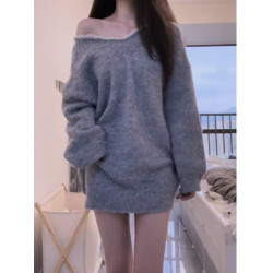 純欲性感蕾絲露肩蝴蝶結灰色針織衫韓系氛圍感春冬慵懶風寬松毛衣