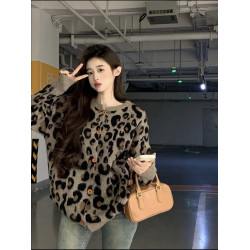 復古豹紋保暖毛衣外套女2024秋冬新款韓版慵懶風寬松小衆針織開衫