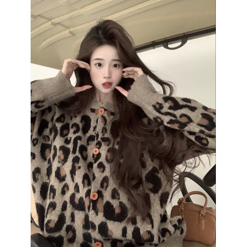 復古豹紋保暖毛衣外套女2024秋冬新款韓版慵懶風寬松小衆針織開衫 復古豹紋保暖毛衣外套女2024秋冬新款韓版慵懶風寬松小衆針織開衫