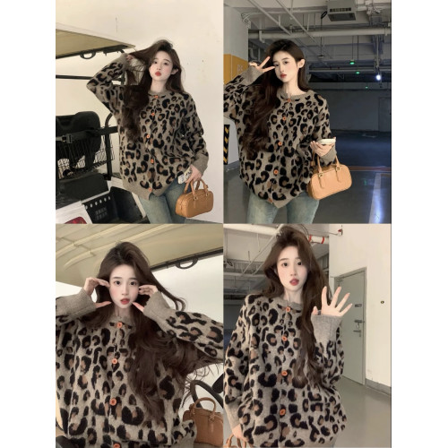 復古豹紋保暖毛衣外套女2024秋冬新款韓版慵懶風寬松小衆針織開衫 復古豹紋保暖毛衣外套女2024秋冬新款韓版慵懶風寬松小衆針織開衫