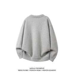 日系假兩件拼接亨利領毛衣男冬季cleanfit寬鬆保暖大碼情侶針織衫