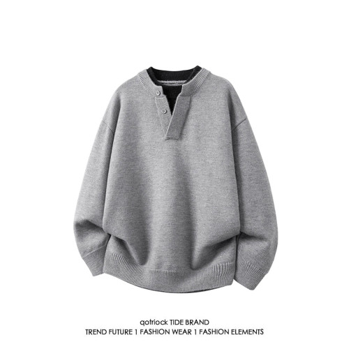 日系假兩件拼接亨利領毛衣男冬季cleanfit寬鬆保暖大碼情侶針織衫