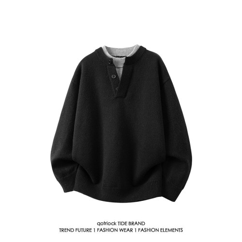 日系假兩件拼接亨利領毛衣男冬季cleanfit寬鬆保暖大碼情侶針織衫