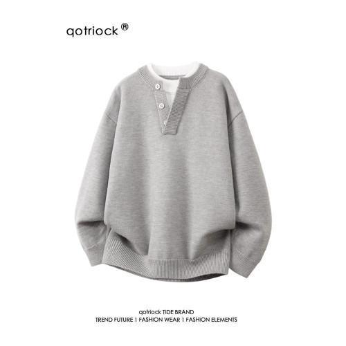 日系假兩件拼接亨利領毛衣男冬季cleanfit寬鬆保暖大碼情侶針織衫