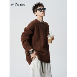 港風潮牌麻花毛衣男冬季慵懶風休閒情侶針織衫高街寬松內搭打底衫