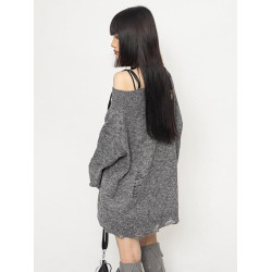 秋冬新款亞文化小衆破舊感皮釦一字肩毛衣女寬松百搭顯瘦針織上衣