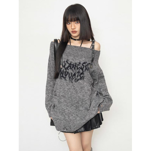 秋冬新款亞文化小衆破舊感皮釦一字肩毛衣女寬松百搭顯瘦針織上衣 秋冬新款亞文化小衆破舊感皮釦一字肩毛衣女寬松百搭顯瘦針織上衣