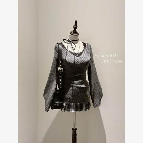 亞比文化古著風秋冬毛衣穿搭V領辣妹復古y2k修身性感辣妹顯瘦套裝