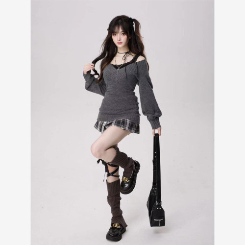 亞比文化古著風秋冬毛衣穿搭V領辣妹復古y2k修身性感辣妹顯瘦套裝